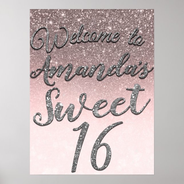 Poster Silver & Blush Glitter Bem-vindo Sinal de Festa 16 (Frente)