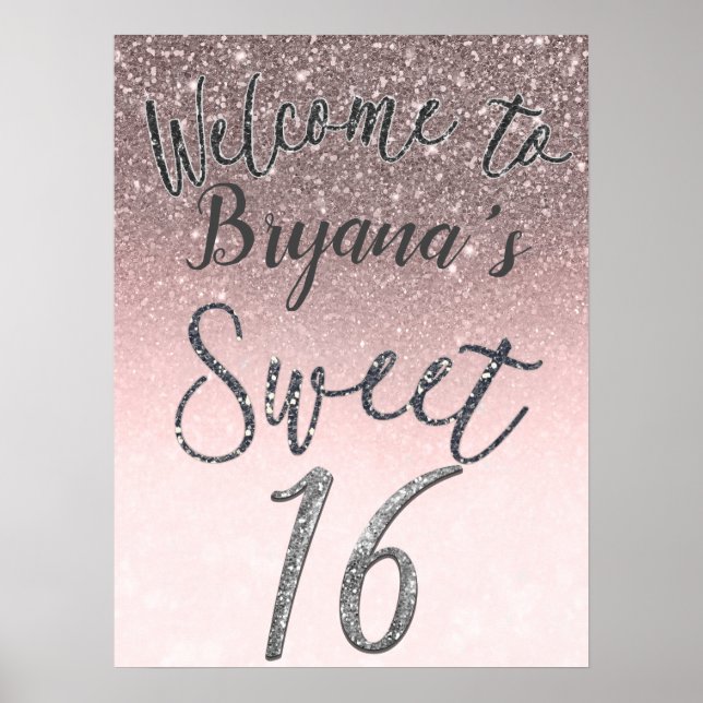 Poster Silver & Blush Glitter Welcome Sweet 16 Party Sign (Frente)