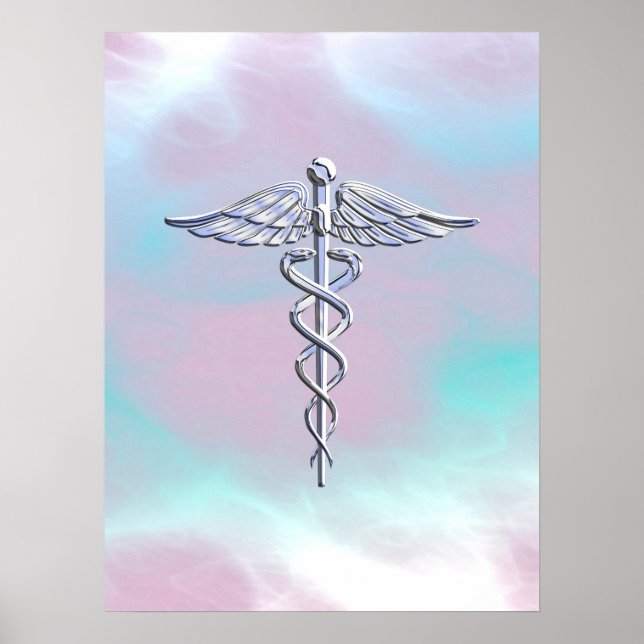 Pôster Silver Caduceus - Símbolo Médico Mãe Pérola (Frente)