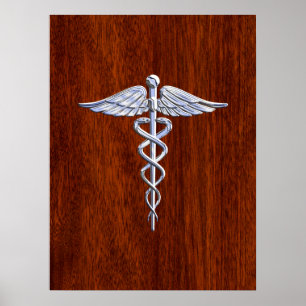 Pôster Silver Como Caduceus Símbolo Médico Mahogany Impre