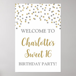 Poster Silver Dourado Sweet 16 Aniversário Personalizado
