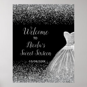 Poster Silver Dress Faux Glitter Sweet 16 Welcome