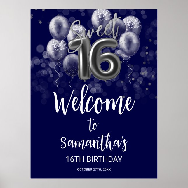 Poster Silver Foil Sweet 16 Balões Azul Sinal de Boas-vin (Frente)