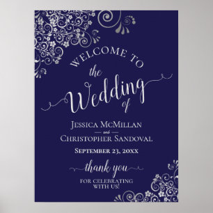 Poster Silver Frills no Marinho Blue Elegant Weding Welco