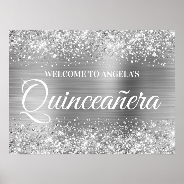 Poster Silver Glitter e Foil Quinceanera Boas-vindas (Frente)