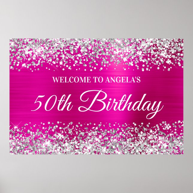 Poster Silver Glitter Hot Pink Foil 50th Aniversário Bem- (Frente)