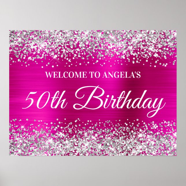 Poster Silver Glitter Hot Pink Foil 50th Aniversário Bem- (Frente)
