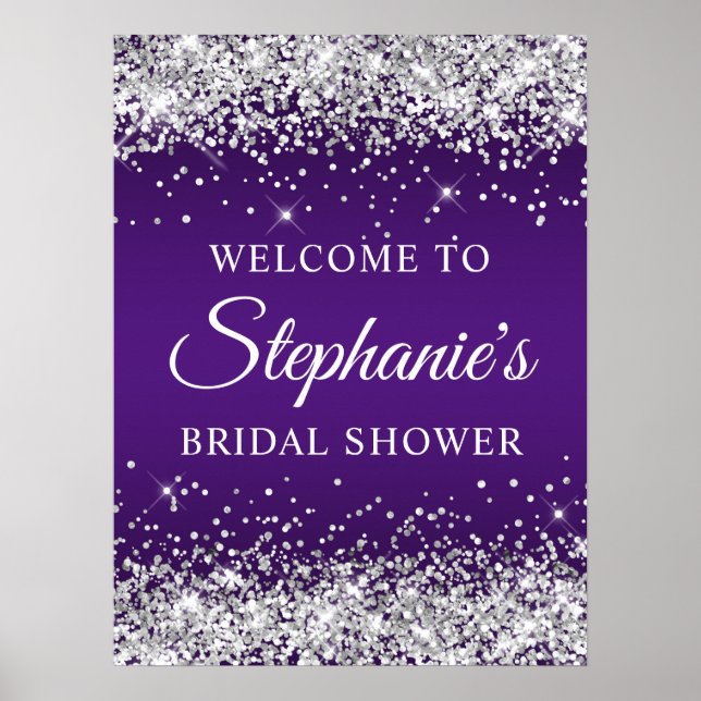 Poster Silver Glitter Royal Purple Bridal Shower Welcome (Frente)