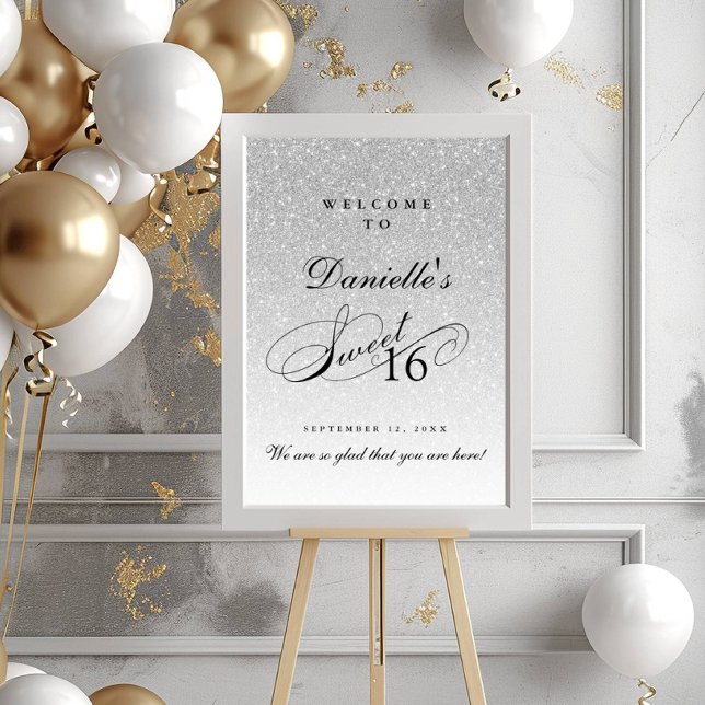 Poster Silver Glitter Sweet 16 Personalizado Boas-vindas (Criador carregado)