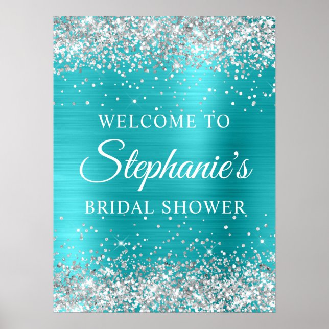 Poster Silver Glitter Turqouise Blue Foil Bridal Shower (Frente)