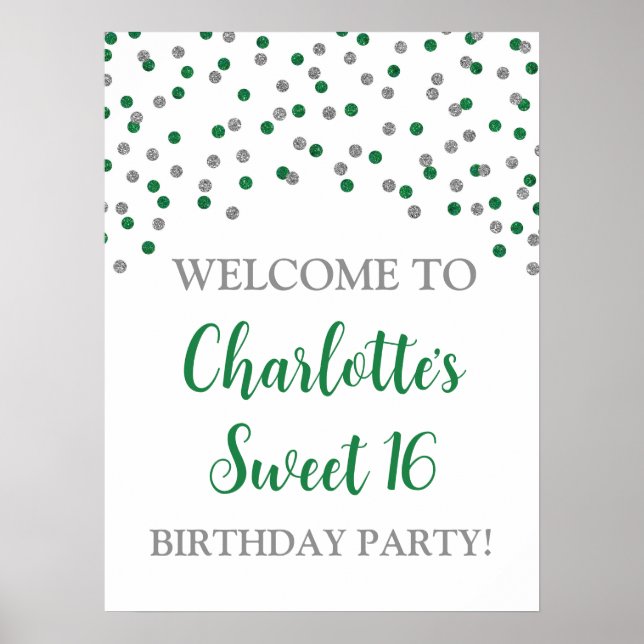 Poster Silver Green Sweet 16 Aniversário Personalizado 18 (Frente)