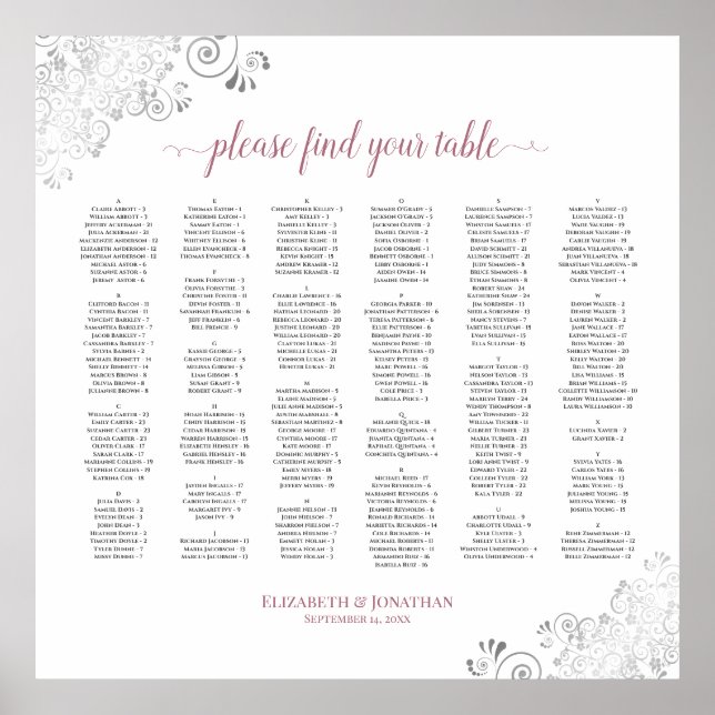 Poster Silver Lace Dusty Rose Alphabetical Seating Chart (Frente)