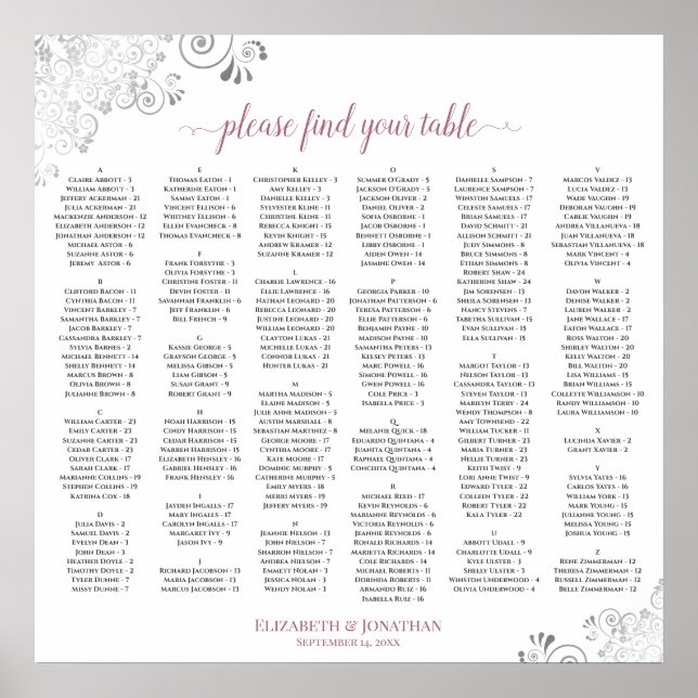 Poster Silver Lace Dusty Rose Alphabetical Seating Chart (Frente)