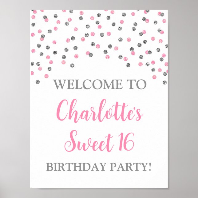 Poster Silver Pink Sweet 16 Aniversário Personalizado 8,5 (Frente)