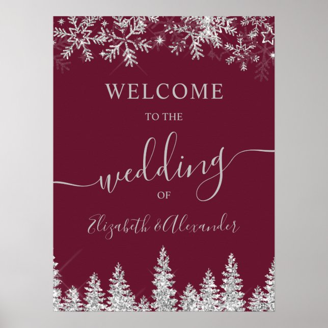 Poster Silver snow pine red Christmas winter wedding (Frente)