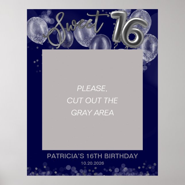 Poster Silver Sweet 16 Balões Foto Prop Royal Blue (Frente)