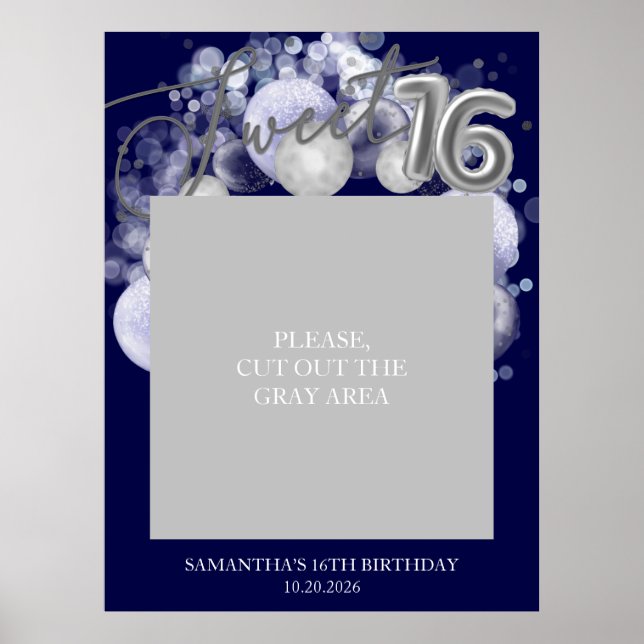 Poster Silver Sweet 16 Balões Foto Prop Royal Blue (Frente)