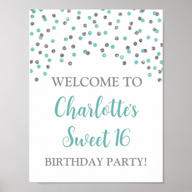 Poster Silver Turquoise Sweet 16 Aniversário Personalizad (Frente)