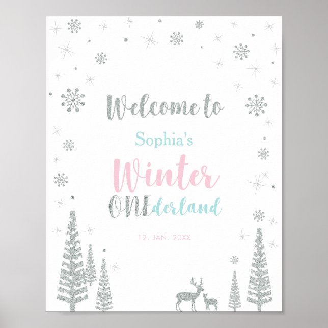 Poster Silver Winter Girl Birthday Party Welcome Sign (Frente)