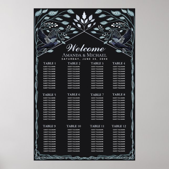 Poster SilverEnchanted Gothic Raven Wedding Seating Chart (Frente)