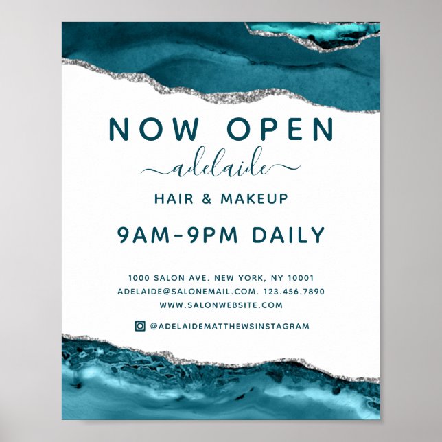 Poster Símbolo Aberto do Salão do Cabelo Luminoso Azul Mo (Frente)