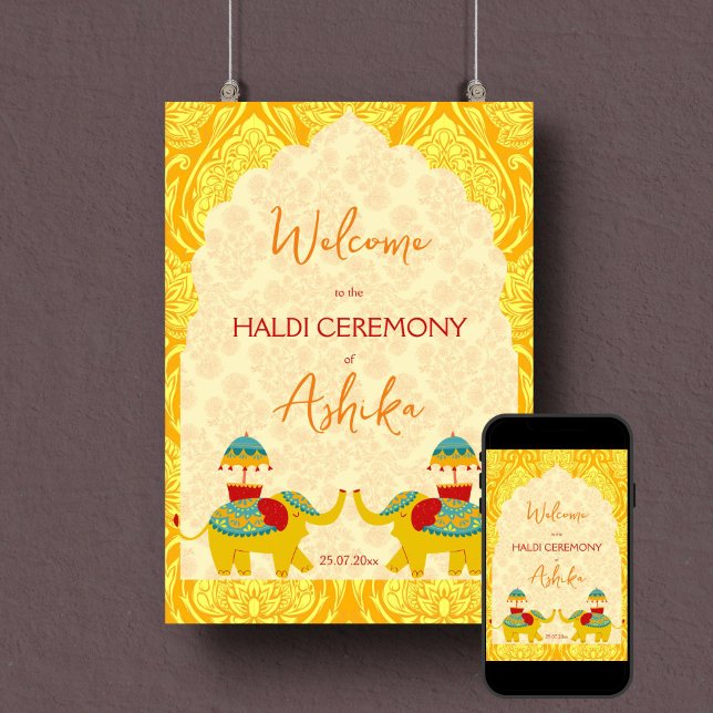 Poster Símbolo amarelo de boas-vindas dos elefantes do ca (Haldi welcome sign poster instant download yellow arch frame cute Indian wedding elephants)