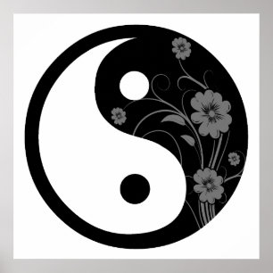 Pôster Símbolo Black Floral Yin Yang