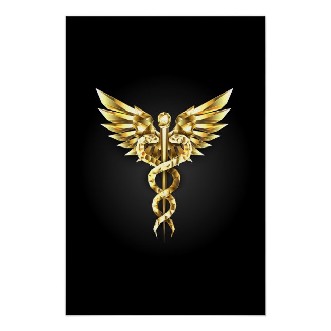 Pôster Símbolo Caduceu Poligonal Dourado (Frente)