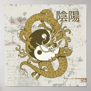 Poster Símbolo chinês Yin yang e dragão