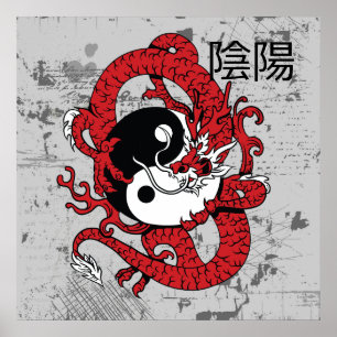 Poster Símbolo chinês Yin yang e dragão