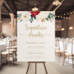 Poster Símbolo Clássico de Bebidas Florais Douradas<br><div class="desc">Este clássico sinal de bebida floral de ouro é perfeito para um casamento rústico. A design apresenta a cor-de-água, flores brancas, borrifadas e douradas e bagas com folhagem verde dispostas em buquês elegantes. Personalize o sinal com os nomes da noiva e do noivo e a sua escolha de bebida favorita....</div>