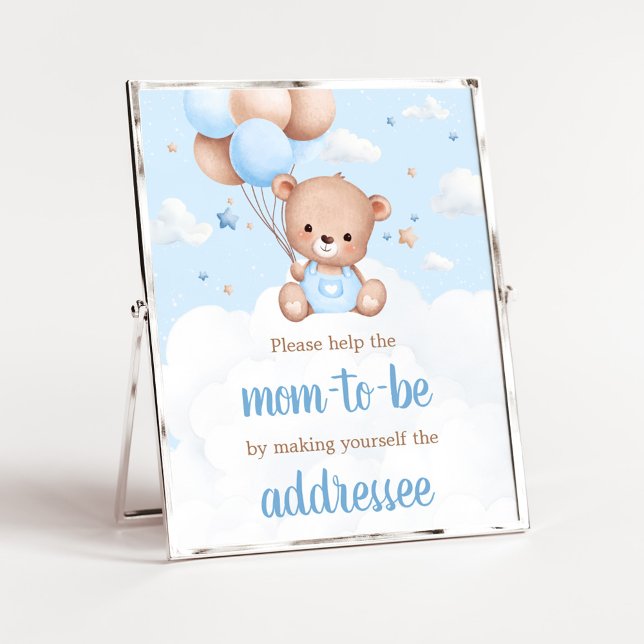 Poster Símbolo da estação de envelope do Chá de fraldas d (Blue Boy Teddy Bear Clouds Balloon Baby Shower Sign)