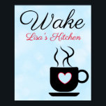 Poster Símbolo de Acordar preto e azul personalizado para<br><div class="desc">Este poster é preto e azul com um pop de vermelho no coração com o texto,  "Acordar",  com um gráfico de uma xícara de café. Um visual moderno vai adicionar um pop de cor à sua cozinha. Adicione nome ou membro da família na área de personalização.</div>