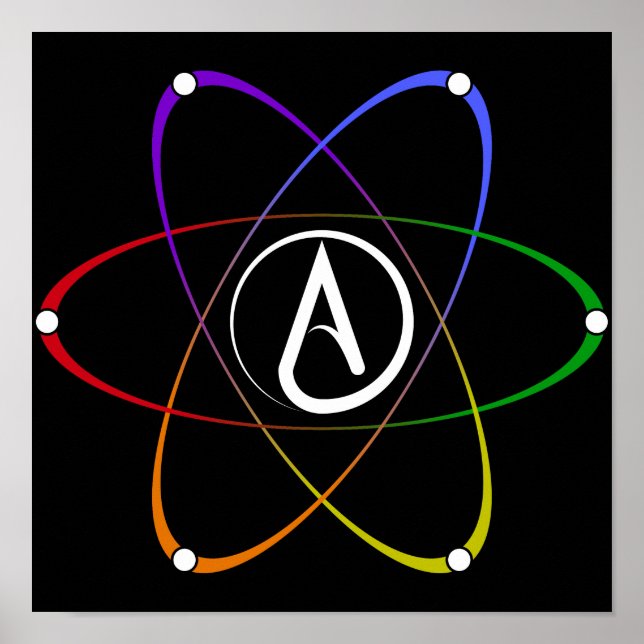 Poster Símbolo de Átomo Ateu Arco-íris Branco (Frente)
