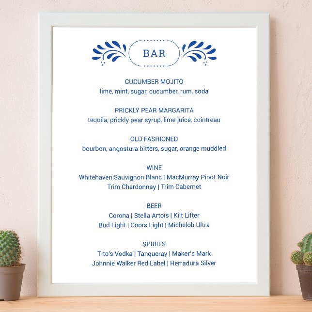 Poster Símbolo de Bar Azul de Casamento do Estilo Puebla (Puebla Style Blue Wedding Bar Menu Sign by Fiesta Valley Print)