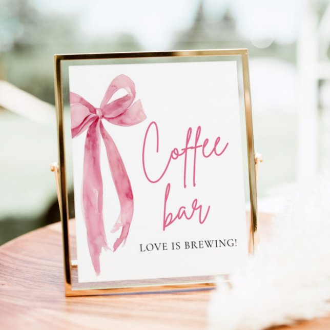 Poster Símbolo de Bar de café branco Elegante para aquare (Watercolor Elegant Blush Pink Bow Coffee Bar Sign)