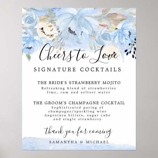 Poster Símbolo de Bar de Casamento Blue Floral (Frente)