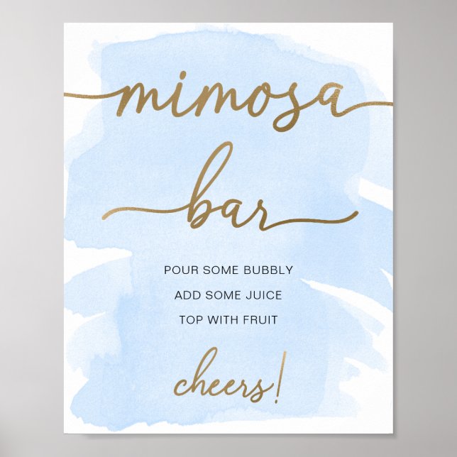 Poster Símbolo de Bar Mimosa Dourado com Aquarela Azul (Frente)
