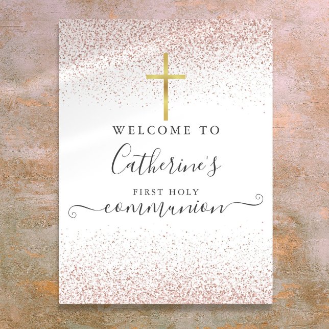 Poster Símbolo de boas-vindas da Comunidade rosa Dourada  (Rose Gold Glitter Holy Communion Welcome Sign)