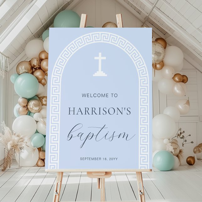 Poster Símbolo de boas-vindas do Batismo azul-chave grego (Welcome Sign Baptism Greek Key Blue)