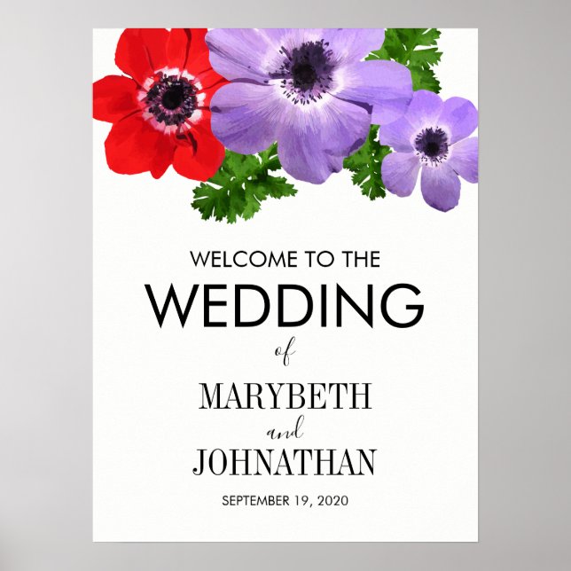 Poster Símbolo de Boas-vindas do Casamento Floral Anemone (Frente)