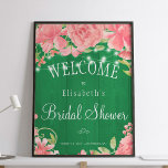 Poster Símbolo de boas-vindas do chá de panela rústico da<br><div class="desc">Poster com chá de panela de placa de  chic e clássico,  com peônias rosas pinceladas rusticadas e luzes cintilantes brilhando sobre o fundo verde-férn. Ideal para o seu verão primavera | jardim |outono | chás de panela temáticos rusticais do país.</div>