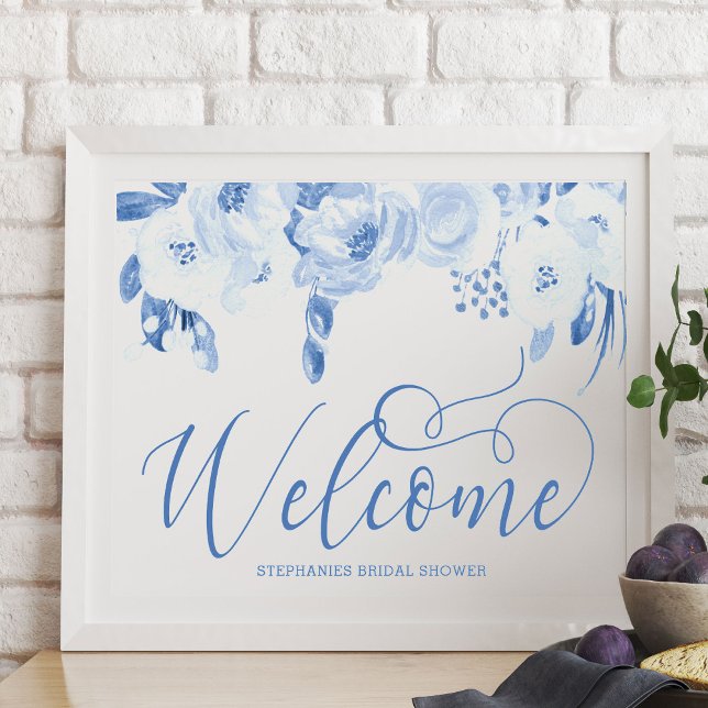 Poster Símbolo de Boas-vindas Floral Dusty Floral Azul El (Welcome Poster from my Dusty Blue Watercolor Floral Bridal Shower)