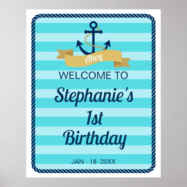 Poster Símbolo de Boas-vindas Náuticas de Stripes Azuis (Frente)