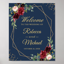 Poster Símbolo de Casamento Azul do Frame Dourado Floral