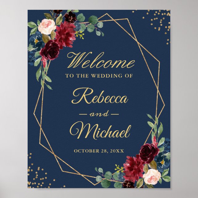 Poster Símbolo de Casamento Azul do Frame Dourado Floral  (Frente)