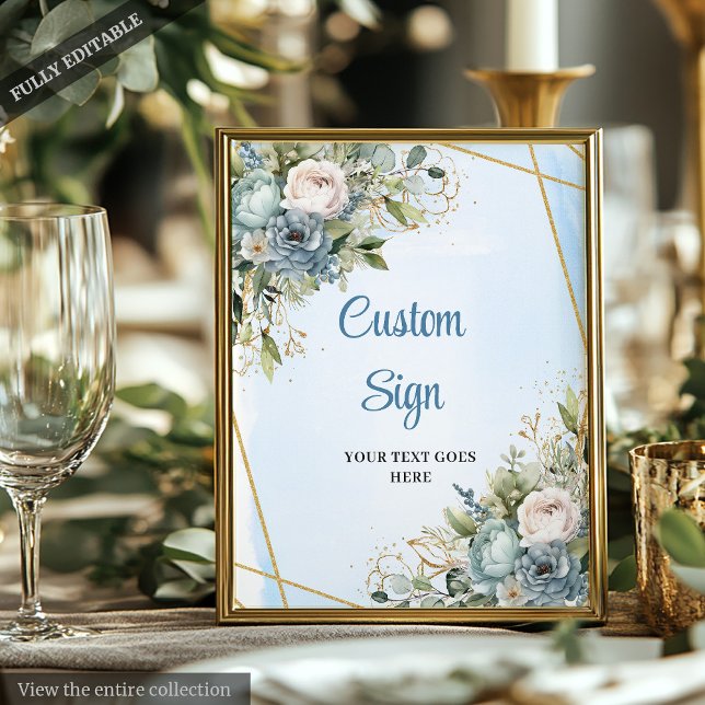 Poster Símbolo de Casamento de Frame Dourado Floral Român (Romantic Dusty Blue Floral Gold Frame Wedding Sign)