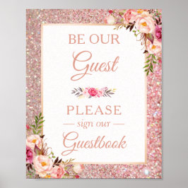 Poster Símbolo de Casamento de Guestbook Rosa com Brilhan
