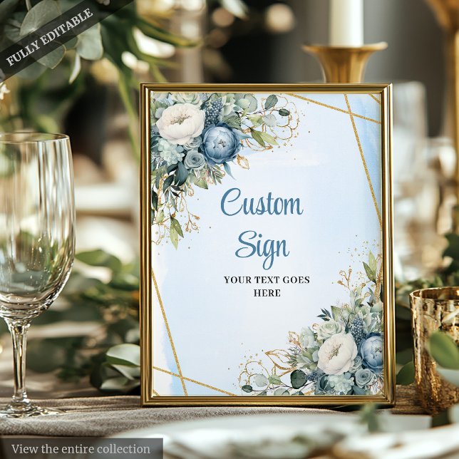Poster Símbolo de Casamento Eucalyptus DIY Azul com Água (Watercolor dusty blue eucalyptus wedding sign with gold accents — elegant and customizable.)