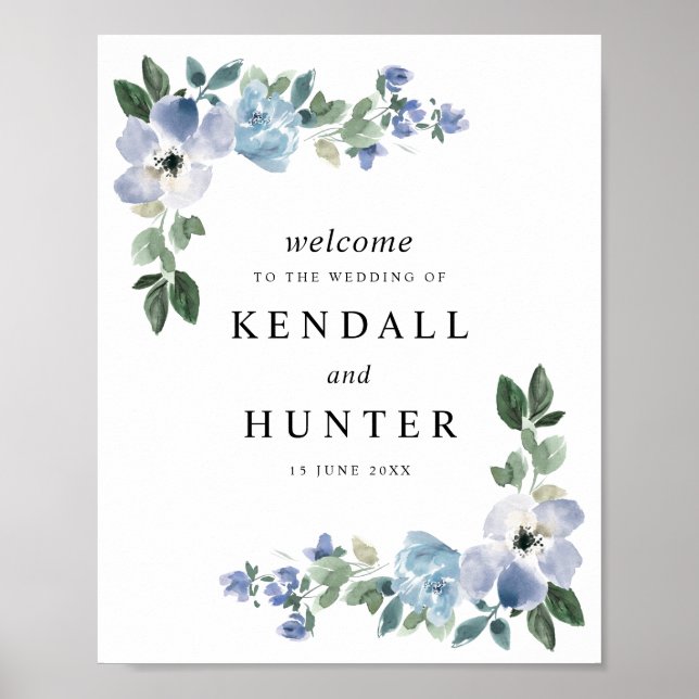 Poster Símbolo de casamento floral azul e verde (Frente)